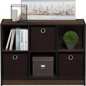 Basic 3x2 Cube Storage Bookcase Organizer with Bins, Columbia Walnut/Dark Brown