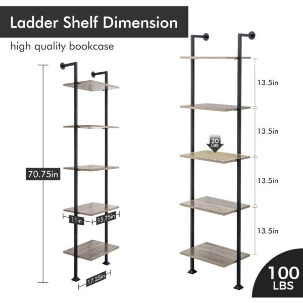 Bookshelf, 5-Tier Ladder Shelf, Book Storage Organizer Case Open Shelves, Tall Narrow Bookcase