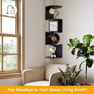 Corner Bookshelf, Rustic Wood Wall Mount Corner Storage Shelves, Easy-to-Assemble Floating Wall Shelf, 5-Tier Corner Shelves