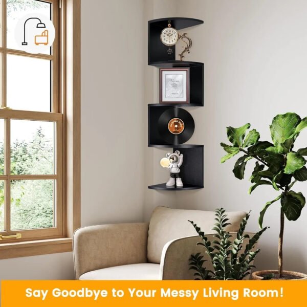 Corner Bookshelf, Rustic Wood Wall Mount Corner Storage Shelves, Easy-to-Assemble Floating Wall Shelf, 5-Tier Corner Shelves