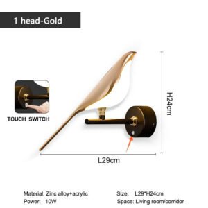 Creative Bird 360° Rotatable LED Wall Lamps Bedroom Bedside Indoor Golden Touch Switch LED Wall Lights Wall Sconce Home
