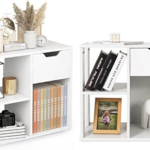Cube Bookcase with Drawer, 2 Tier Bookshelf for Small Space, Modern Freestanding Display Rack with Open Shelves