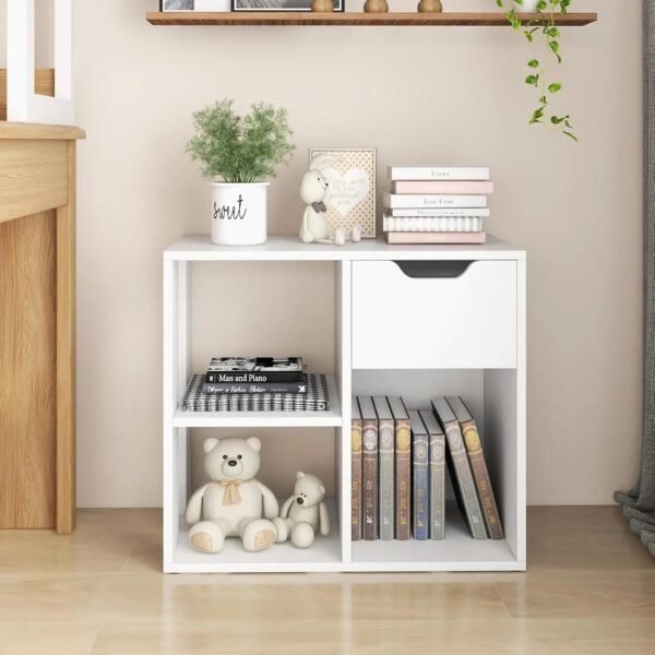 Cube Bookcase with Drawer, 2 Tier Bookshelf for Small Space, Modern Freestanding Display Rack with Open Shelves