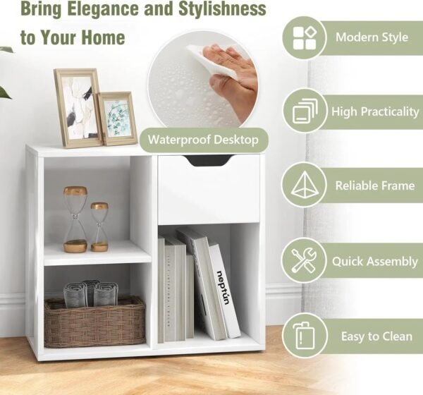 Cube Bookcase with Drawer, 2 Tier Bookshelf for Small Space, Modern Freestanding Display Rack with Open Shelves