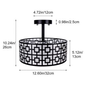 32cm 3-light Rustic Semi Flush Mount Ceiling Light with Drum Shade Black Finish for Kitchen Dining Living Room E26 Base