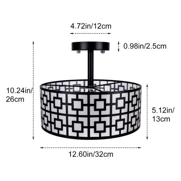 32cm 3-light Rustic Semi Flush Mount Ceiling Light with Drum Shade Black Finish for Kitchen Dining Living Room E26 Base