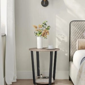 End Table, Round Side Table with Storage Shelf, Easy Assembly, Industrial Accent Furniture with Steel Frame