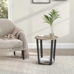 End Table, Round Side Table with Storage Shelf, Easy Assembly, Industrial Accent Furniture with Steel Frame