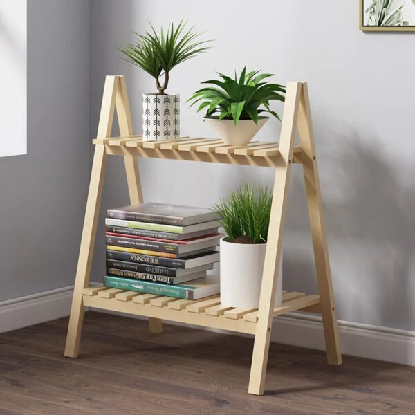 Floor Type 2-Tier Storage Rack Wooden Ladder Shelf Bookcase Foldable Multifunctional Plant Flower Display Stand Plant Stand