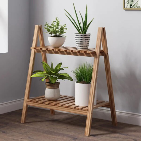 Floor Type 2-Tier Storage Rack Wooden Ladder Shelf Bookcase Foldable Multifunctional Plant Flower Display Stand Plant Stand