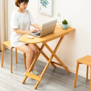 Folding Laptop Table TV Tray, 100cm Bamboo Computer Table Writing Workstation Folding Desk Dinning Table for Home Office