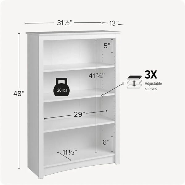 Home Office 4-Shelf Standard Bookcase 31.5 In. W X 48 In. H X 13 In. D White Bookshelf Book Living Room Furniture