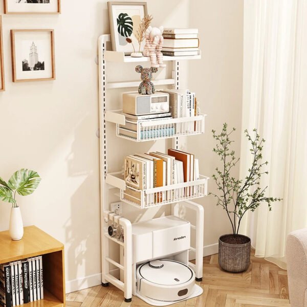 Japanese Style Metal Bookcase for Children's Bedroom, White Corner, Movable Kid Bookcase, Storage Bookshelf with Cabinet, Plant