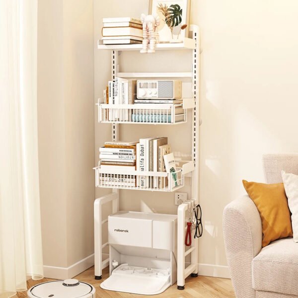Japanese Style Metal Bookcase for Children's Bedroom, White Corner, Movable Kid Bookcase, Storage Bookshelf with Cabinet, Plant