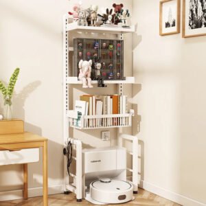 Japanese Style Metal Bookcase for Children's Bedroom, White Corner, Movable Kid Bookcase, Storage Bookshelf with Cabinet, Plant