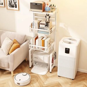 Japanese Style Metal Bookcase for Children's Bedroom, White Corner, Movable Kid Bookcase, Storage Bookshelf with Cabinet, Plant