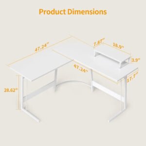 L Shaped Gaming Desk Computer Office Desk, 47 inch Corner Desk with Large Monitor Stand for Home Office Study Writing