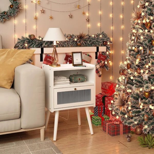 Mid Century Modern Nightstand with Charging Station, Bedside Tables with Glass Decorative Door, End Table Side Table