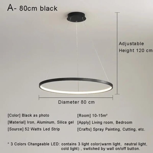 Modern Minimalist Ring LED Pendant Light for Living Dining Room Kitchen Black Chandelier Home Decor Indoor Hanging Light Fixture