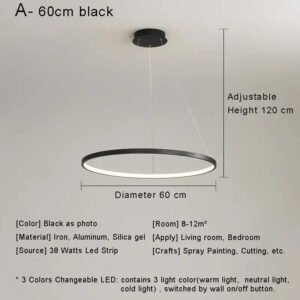 Modern Minimalist Ring LED Pendant Light for Living Dining Room Kitchen Black Chandelier Home Decor Indoor Hanging Light Fixture