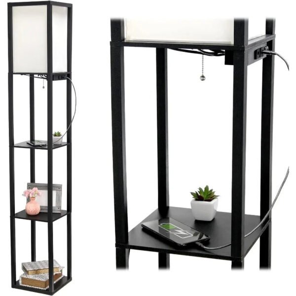 Simple Designs LF1037-BLK Floor Lamp Etagere Organizer Storage Shelf with 2 USB Charging Ports, 1 Charging Outlet and Linen