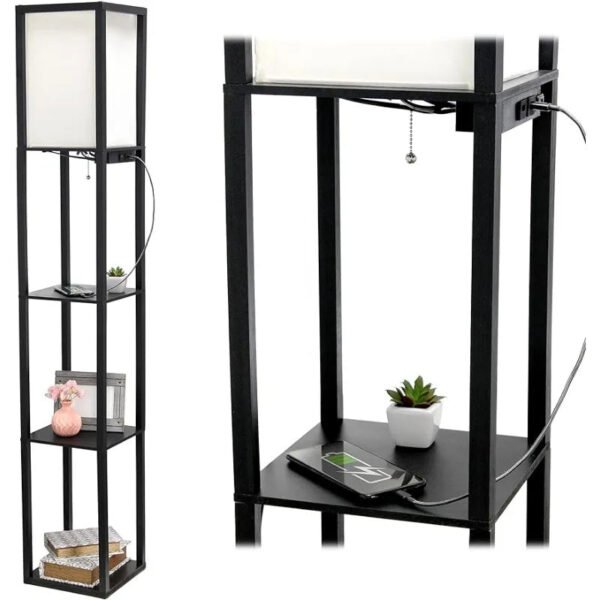 Simple Designs LF1037-BLK Floor Lamp Etagere Organizer Storage Shelf with 2 USB Charging Ports, 1 Charging Outlet and Linen