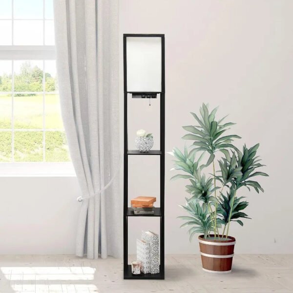 Simple Designs LF1037-BLK Floor Lamp Etagere Organizer Storage Shelf with 2 USB Charging Ports, 1 Charging Outlet and Linen