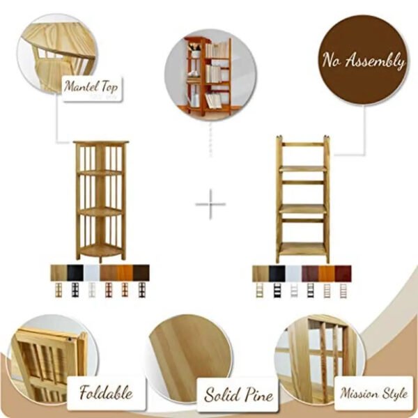 Space-saving Black Corner Bookcase Foldable 4-Tier Wood Shelf Office Living Room Decor