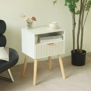 White Nightstand, Mid Century Modern  Small Bedside Table End  for Bedroom with 2-Tier Storage,