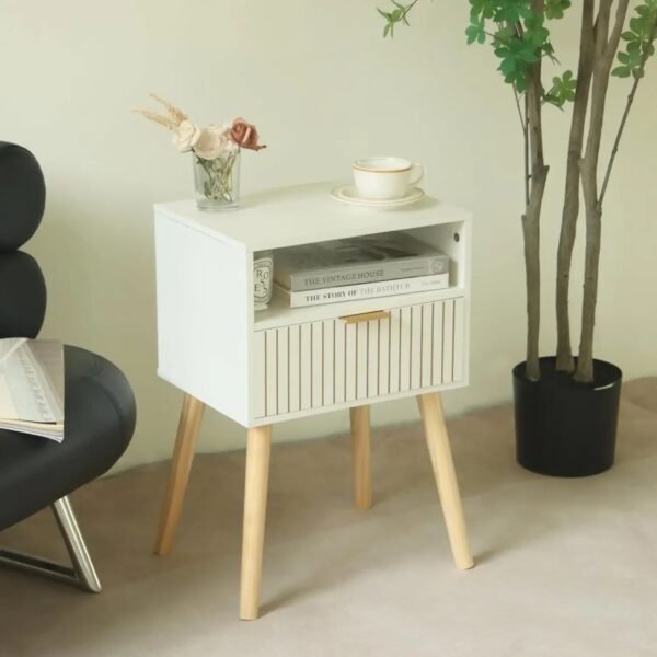 White Nightstand, Mid Century Modern  Small Bedside Table End  for Bedroom with 2-Tier Storage,