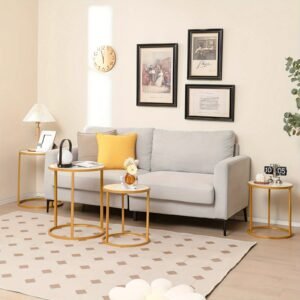 Glamorous Marble Top Round Side Table - 16x16 End Table with Glimmering Golden Metal Frame - Polished Elegance for Your Living Space