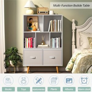 3-level wooden 7-cell bookcase, white minimalism, legged bookcase, open bookcase, nursery children's bookcase and toy storage, freestanding standing cubicle storage rack