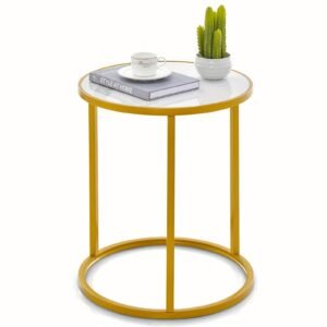 Glamorous Marble Top Round Side Table - 16x16 End Table with Glimmering Golden Metal Frame - Polished Elegance for Your Living Space