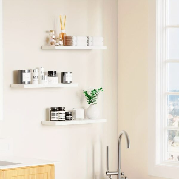 Floating Shelves for Wall, White Wood Wall Shelf Set of 3, 24" Wall Mounted Floating Shelf for Kitchen, Living Room, Bedroom, Bathroom Storage, Book Shelf for Wall Home Decor, Frame Display