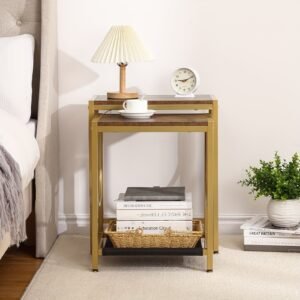 End Table Set of 2 with Gold Metal Frame Small Side Table for Living Room Bedroom Bedside Sofa Table for Small Space Small End Table Easy Assemble Gold