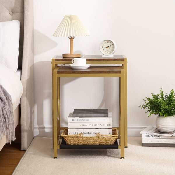 End Table Set of 2 with Gold Metal Frame Small Side Table for Living Room Bedroom Bedside Sofa Table for Small Space Small End Table Easy Assemble Gold