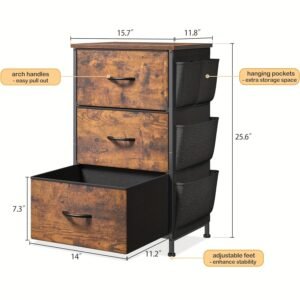 Nightstand Set of 2, Night Stand with 3 Drawers for Bedroom, Bedside Table with Wooden Top, Sturdy Steel Frame End Table, Small Dresser for Bedroom, Living Room, Rustic Brown