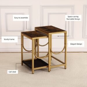 End Table Set of 2 with Gold Metal Frame Small Side Table for Living Room Bedroom Bedside Sofa Table for Small Space Small End Table Easy Assemble Gold