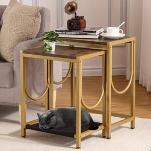 End Table Set of 2 with Gold Metal Frame Small Side Table for Living Room Bedroom Bedside Sofa Table for Small Space Small End Table Easy Assemble Gold