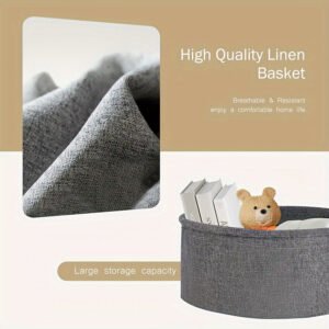 Round Side Table, Small Nightstand with Fabric Basket, Modern Nightstand for Living Room, Bedroom, Nursery, Black&Grey