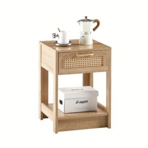 1pc 15.75" Rattan End Table With Drawer, Modern Nightstand, Side Table For Living Room, Bedroom, Natural