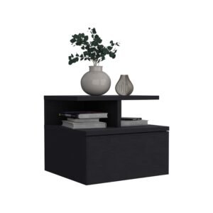 Floating nightstand 12" high with one drawer and 2 shelves on the wall, black