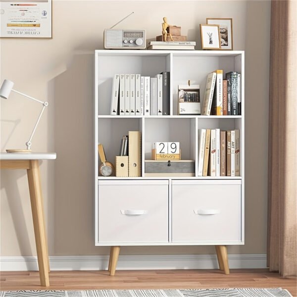 3-level wooden 7-cell bookcase, white minimalism, legged bookcase, open bookcase, nursery children's bookcase and toy storage, freestanding standing cubicle storage rack