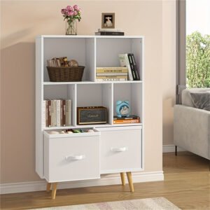 3-level wooden 7-cell bookcase, white minimalism, legged bookcase, open bookcase, nursery children's bookcase and toy storage, freestanding standing cubicle storage rack