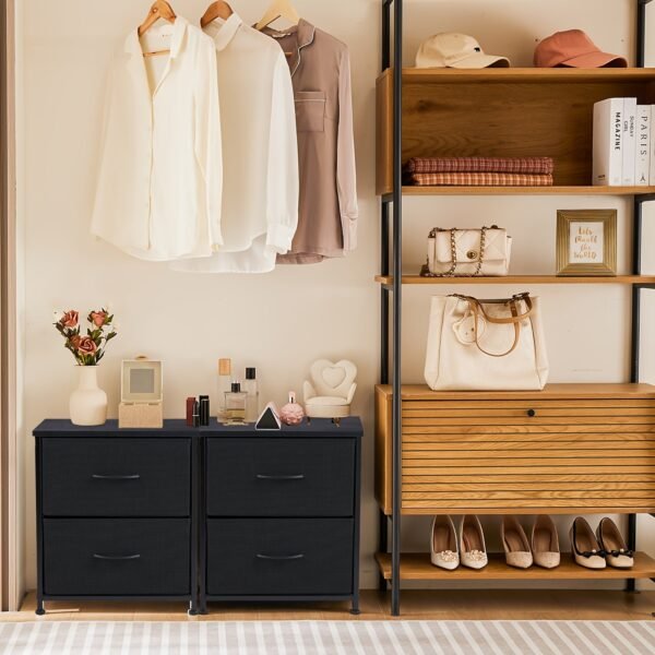 End Table with 2 Drawers for Bedroom, Small Bedside Nightstand, Storage Organizer Furniture, Fabric Cabinet Wood Top, Lightweight, Mini Dresser for Clothes, Closet, Dorm, 20" Height