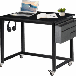 Rolling Computer Desk with 4 Smooth Wheels, Simple Style Mobile Writing Desk Home Office Study Table Movable Workstation with Metal Frame (Black, 32")