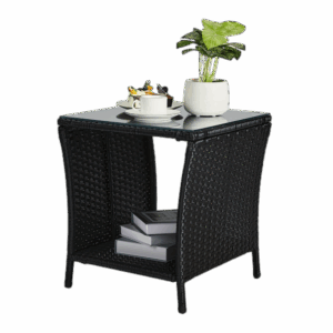 "A black four-line rattan double-layered side table with glass top, suitable for small living rooms in households