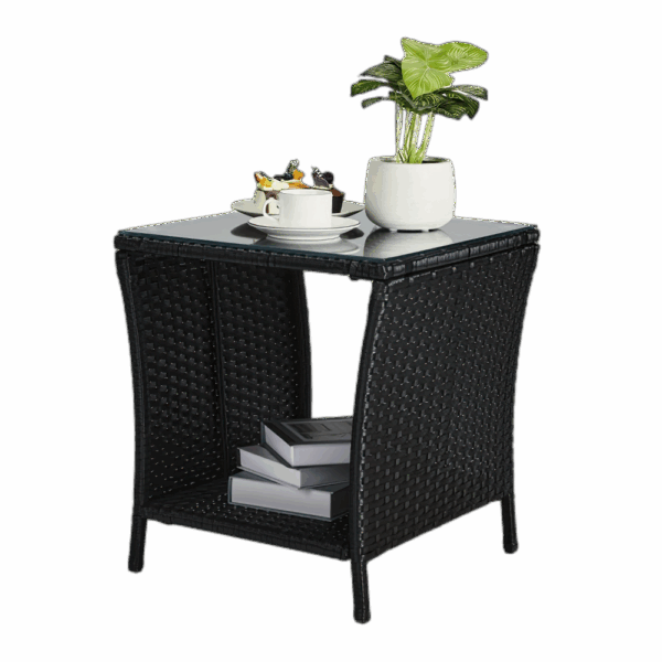 "A black four-line rattan double-layered side table with glass top, suitable for small living rooms in households