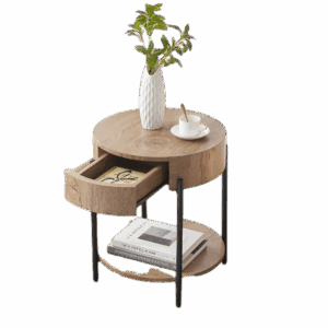 Nature Wood Color Round End Table, 2-Tier Side Table with Drawer 19.69"D x 19.69" W x 21.46" H