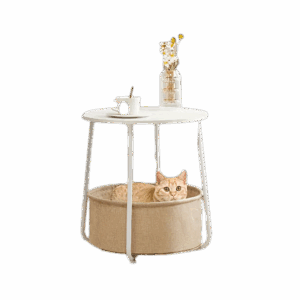 Round Side Table, Small Nightstand with Fabric Basket, Modern Nightstand for Living Room, Bedroom, Nursery, Black&Grey